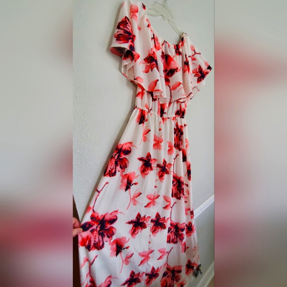 Ivory and Red Floral Off Shoulder Maxi Dress. Never worn.